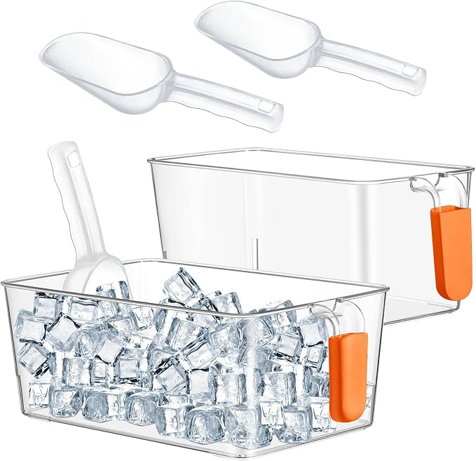 Havawish Ice Storage Bin and Flexible Scoop Set Plastic Freezer Bin | Freezer Ice Bin Scoop, Clear Bucket Container, Pull Handle, Flexible Storage, 10.83 X 7 X 4.33 In,10.83 X 4.92 X 4.33 in