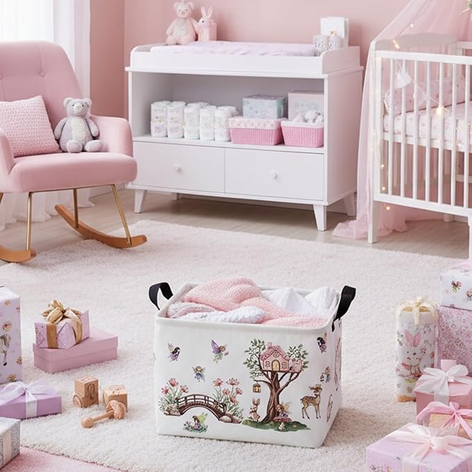 Kid Cute Rectangle Storage Basket Baby Toy Clothes Storage Bin Nursery Playroom Bedroom Decor Basket (Pink Tree House Flower Fairy)