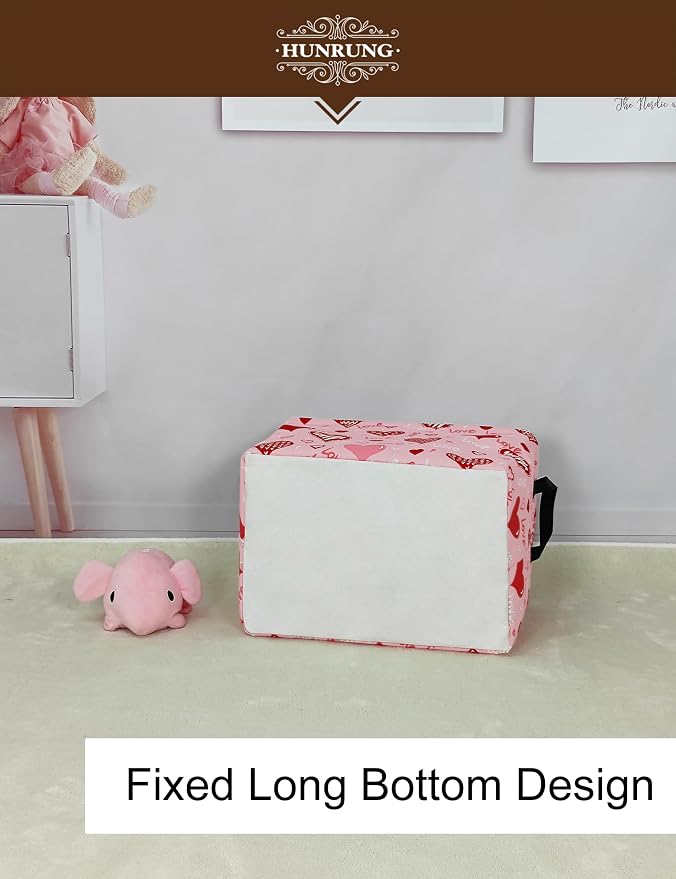 Rectangle Canvas Foldable Storage Basket for Nursery, Pink Love Heart