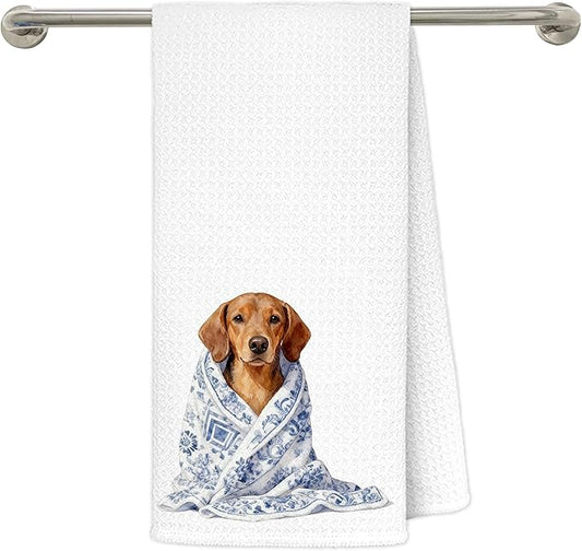 Blue Chinoiserie Dachshund Kitchen Towels 16x24 in, Gifts for Dachshund Lovers, Weiner Dog Gifts, Grandmillennial Floral Sausage Dog Decorative Hand Tea Dish Towels for Bathroom Kitchen