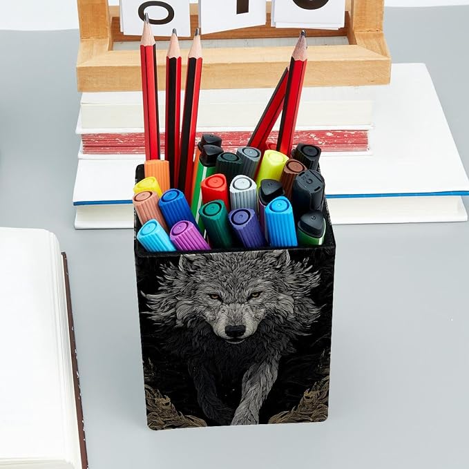 Wolf Pen Holder for Desk Decor, Rectangular PVC Leather Pencil Cup for Desk Pen Organizer, Makeup Brush Holder for School, Home, Office