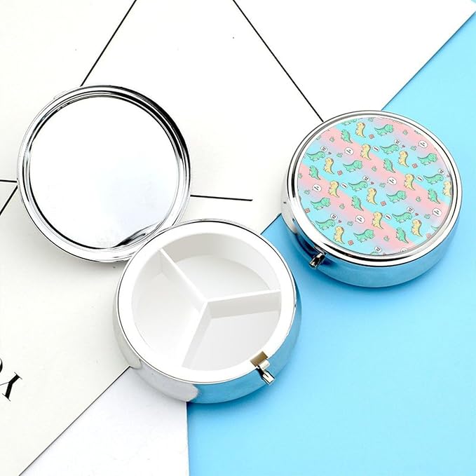 Round 3 Compartment Metal Pill Box Cute Dinosaurs Hug Me, Cute Portable Organizer for Purse Pocket Travel Medication