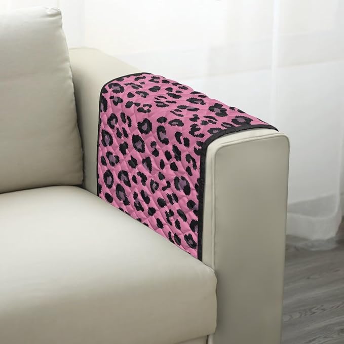 Pink Leopard Print Sofa Armrest Covers Non-Slip Arm Rest Covers Washable Couch Arm Cover with Two Pockets Dustproof Furniture Protector for Living Room Decoration