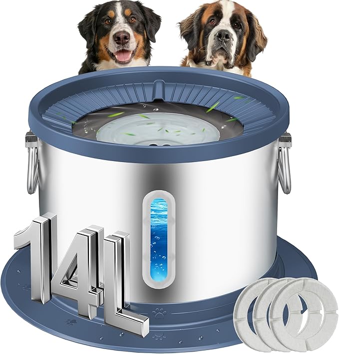 UPSKY 14L No Spill Dog Water Bowl, Stainless Steel Spill Proof Dog Bowl with Water Window, Dual-Suction Anti-Slip Large Capacity Slow Drinking Bowl with Floating Disk for Large Dogs & Messy Drinkers