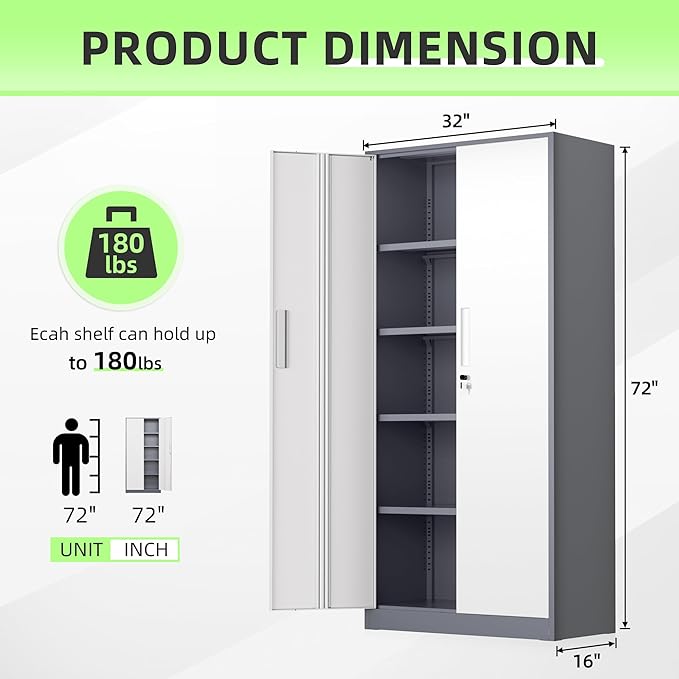 Crownland 72" Metal Storage Cabinet, Lockable Garage Cabinets, High Office Storage Cabinet with Adjustable Shelves for Garage, Home Office, Classroom, Pantry, File(Grey White-Narrow Size)
