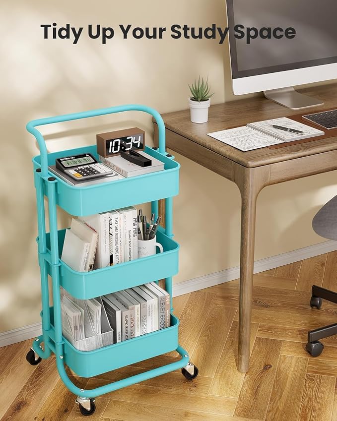 Pipishell Metal 3 Tier Rolling Cart with Handle & Wheels, Turquoise | Four Large 2" Wheels for Easier Movement, Sturdy Metal, Hold 22 lbs per Shelf, Ventilated Mesh Design, for Office and Kitchen