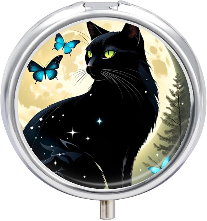 Black Cat and Butterfly Metal Round Pill Box, 3 Compartment Travel Organizer, Portable Pill Container with Secure Latch, 2 Inch Circular Vitamin Caddy for Pills and Vitamins, Gift for Him Her Elderly