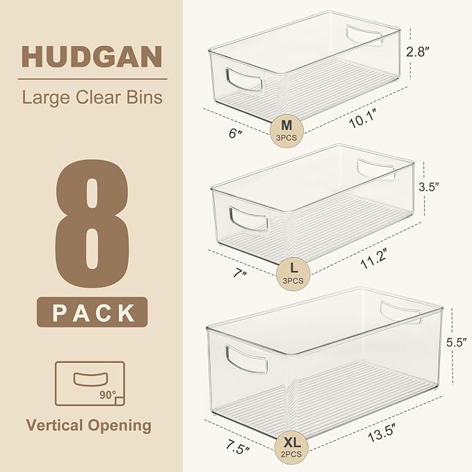 Hudgan 8 Pack Freezer Organizer Bins,Stackable,Clear Bins for Fridge,Pantry | Straight Side, 3 Sizes, 2 XL Storage Container, 3 Large Cabinet Organizer, 3 Medium Storage Drawer