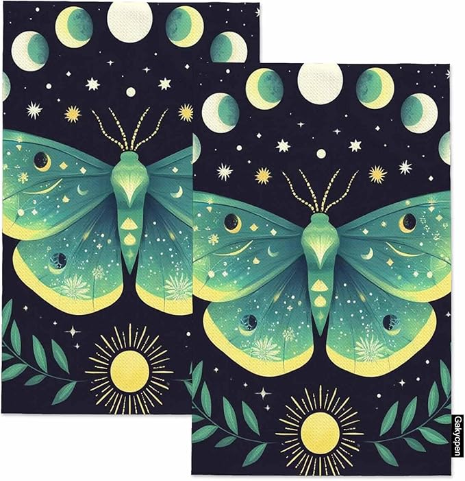 Green Moon Moth Kitchen Towels Set of 2 Mystical Magical Astrology Butterfly Boho Celestial Dish Towels Absorbent Soft Hand Tea Bar Towels for Farmhouse Home Decor 16"X24"