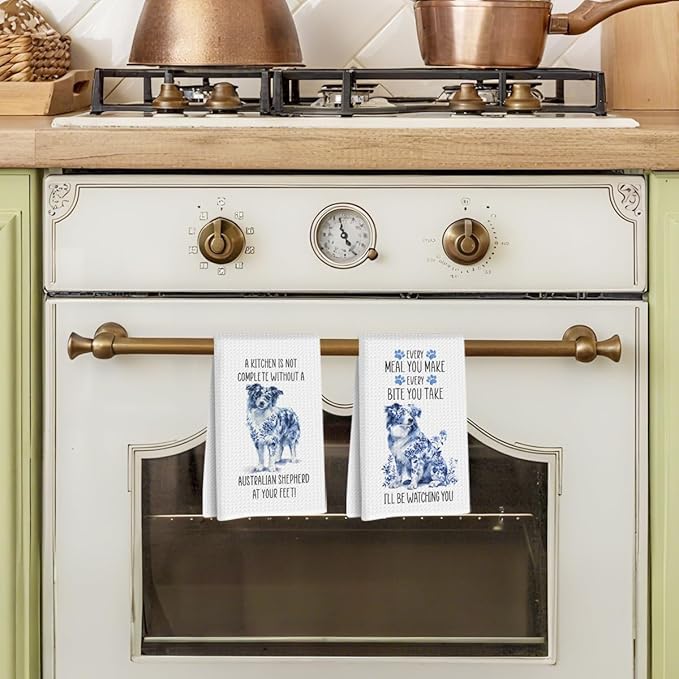 2 Pcs Chinoiserie Australian Shepherd Kitchen Towels 24x14 Inch, Australian Shepherd Gifts Reusable Dish Towels for Kitchen Decor, Blue and White Floral Hand Towel, Funny Dog Gifts for Women Mom