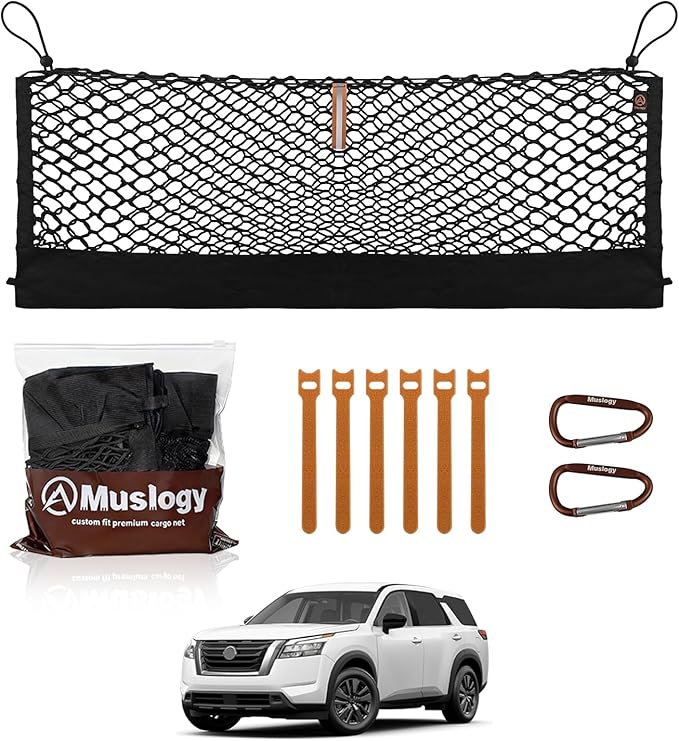Muslogy Cargo Net for 2022-2025 2026 Nissan Pathfinder Accessories | Custom Fit, Trunk Storage Organizer Net for SUV Sedan Van Divider, with Heavy Duty Carabiners, Night Visible Grab Handle