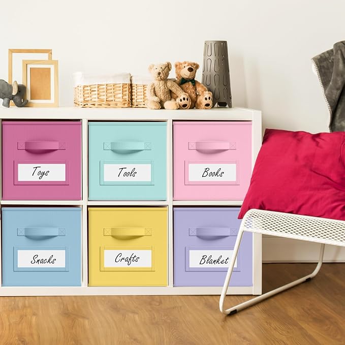 Teenyyou 10 Pack Fabric Storage Cubes 13 Inch Collapsible Cube Bins with Label Window & Handle Foldable Organizers Baskets for Shelf Closet Nursery Kids Room Clothes Book Toy(Macaroon)