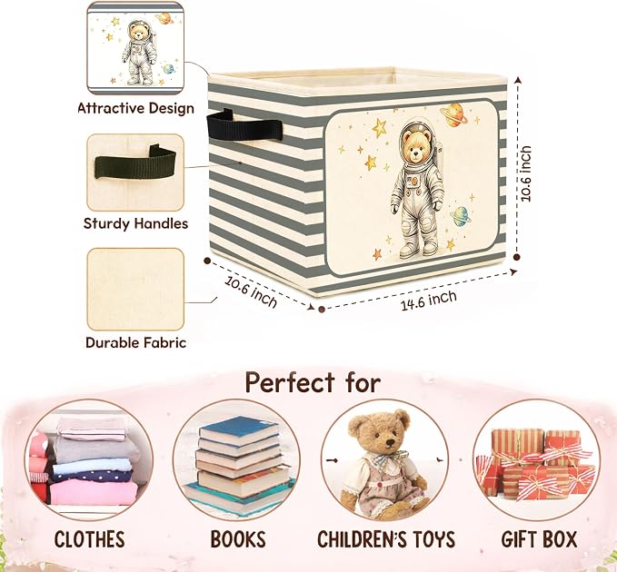 Astronaut Bear Storage Bin, Blue Gray Stripe Foldable Fabric Basket | Space teddy bear collapsible fabric organizer for nursery, bedroom, playroom, toys, books, and clothes
