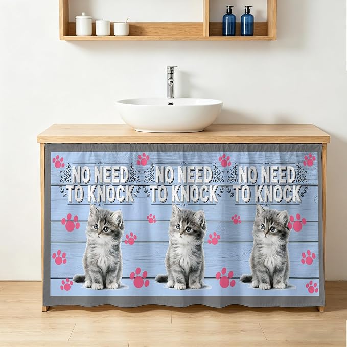 NO Need to Knock Sink Skirt for Bathroom, Self-Adhesive Under Sink Curtain, Cat Pet Paw Prints Pet Lover Farmhouse Hide Pipes & Storage Fabric Cabinet Skirt Cover for Kitchen Laundry 32"x55"