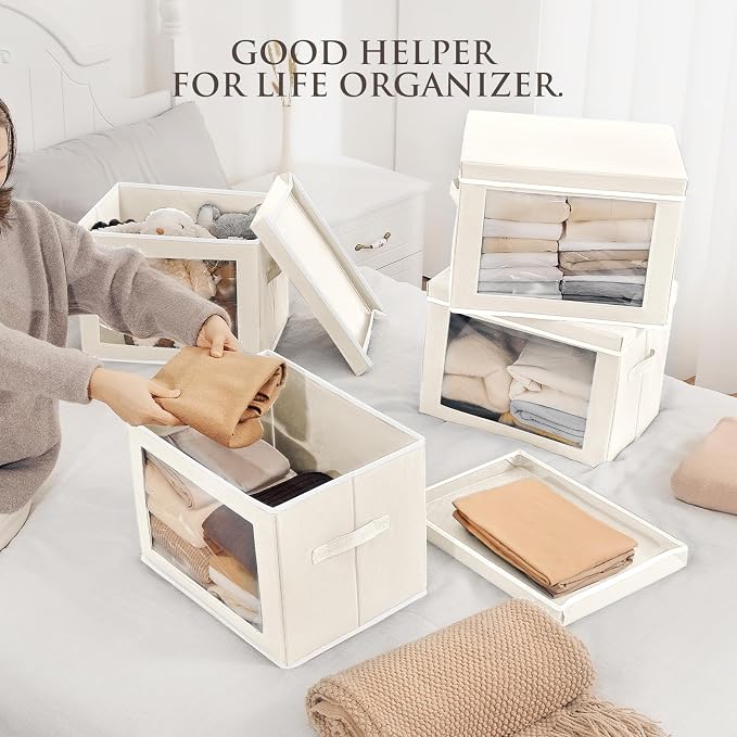 Stackable Storage Bins with Lids - Medium Storage Box with Lids, Foldable Closet Boxes for Organizing, Wardrobe Clothes Organizer with Window, Fabric Bins for Living Room, 6 Pack, Beige