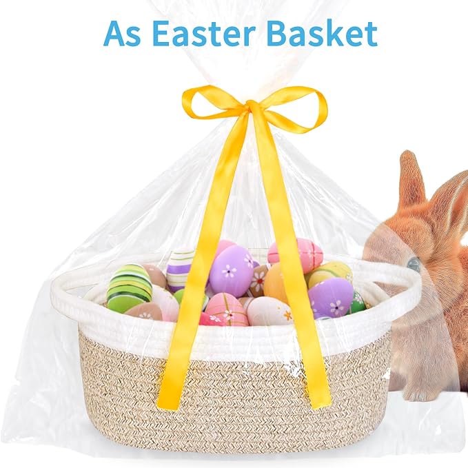 ABenkle Small Basket Empty Gift Basket, Decorative Boho Rope Woven Nursery Storage Organizer Dog Toy Baskets for Baby Showers Christmas Easter with Gift Bags and Ribbons, 12"X 8" X 5"