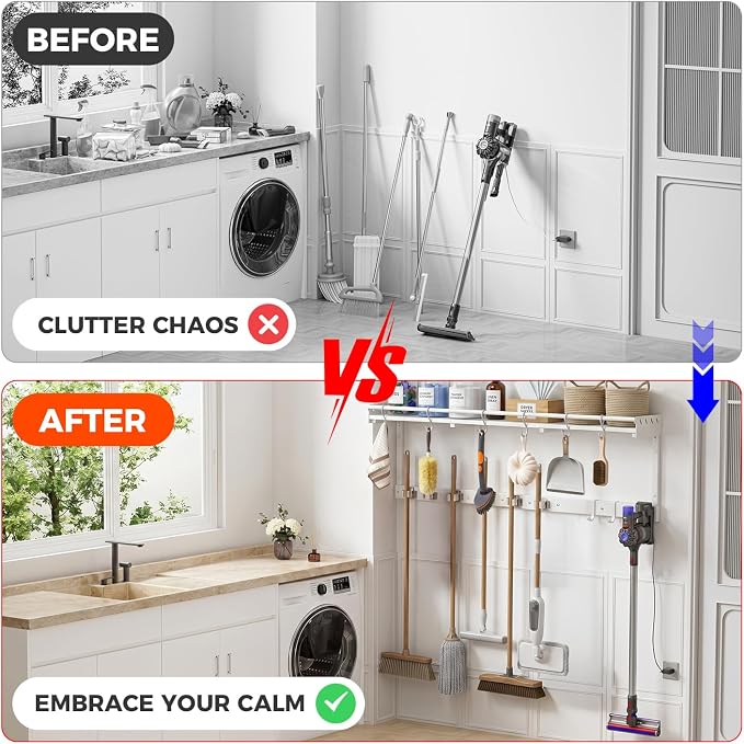 Broom Holder Wall Mount with Shelf,Broom Hanger,3 in 1 Broom and Mop Organizer Wall Hanging for Laundry,Garage,Utility,Broom Rack,Vacuum Stand Alternative,Cleaning Supplies Organizer Storage,White,XL