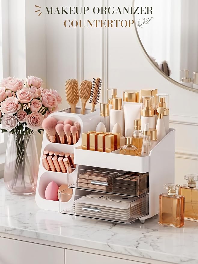 Makeup Organizer for Vanity - Large Skincare Organizers Countertop, Cosmetic Organizer with Brush Holder and 2 Drawer, Makeup Storage for Lipsticks, Nail Polishes, Eyeshadow Palettes, White