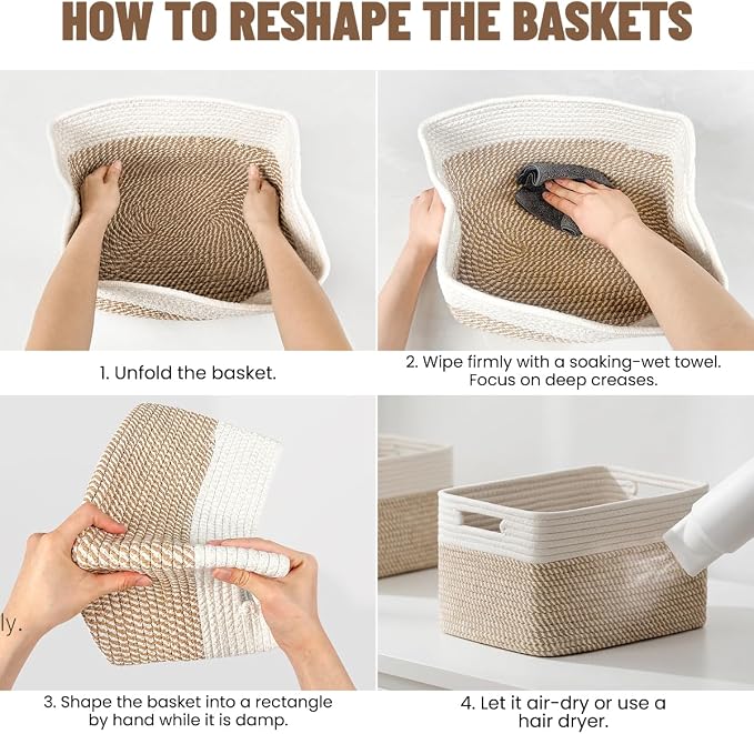 5 Pack Woven Storage Baskets, Decorative Storage Bins for Organizing | 13.8'' × 9.8'' × 7.9'', Cotton Rope Basket Organizer for Closet, Shelves, bathroom, Nursery, Toys, Books, Pantry, Khaki/White