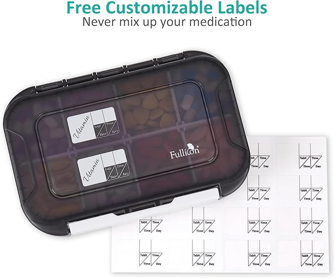 Fullicon Moisture Proof Pill Organizer, 8 Compartment Travel Case, Black | Holds Up to 66 Capsules or 17 Fish Oils, Safety Buckle, Removable Dividers, Labeling Stickers Included, Stackable Design