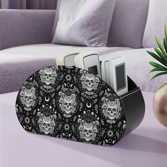 Desktop Remote Control Holder Moon Skull Mushroom Storage Cup Caddy Box | Table Desk Organizers with 5 Compartments, Skeleton Sun Moon Skull Mushroom, Multi-functional Office Supplies