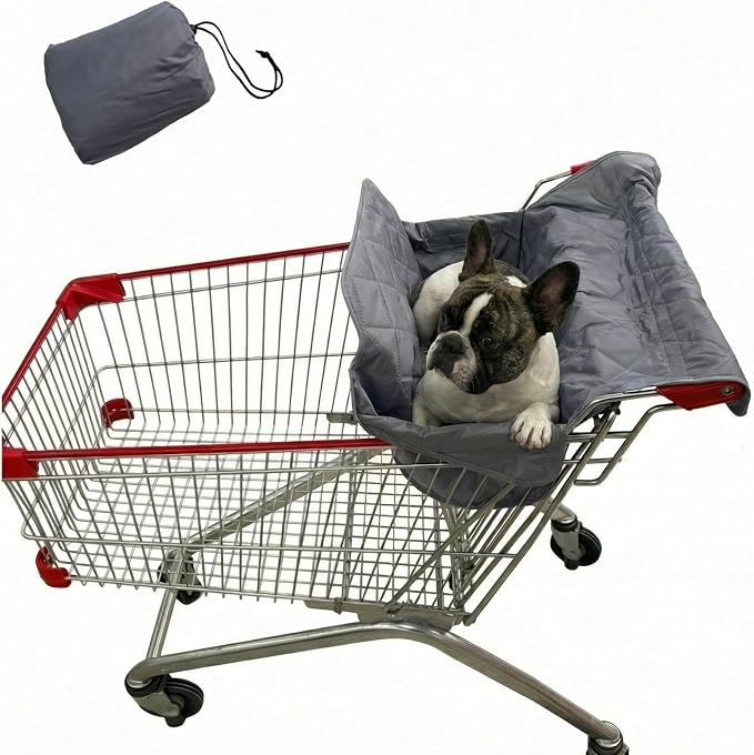 Portable Shopping Cart Cover for Dogs, Secured with Hook and Loop with Safety Ropes, Quilting Grocery Cart Cover, Comfortable and Easy to Clean with Carry Bag (Gray)