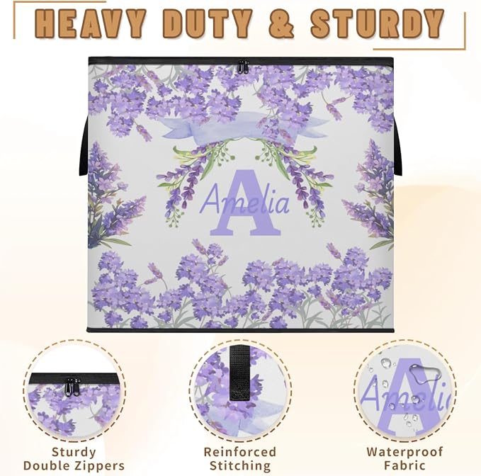 Custom Comforters Storage Basket with Lid, Personalized Name Large Organizer Bin for Clothes, Perfect for Rooms, Watercolor Purple Lavender Florals