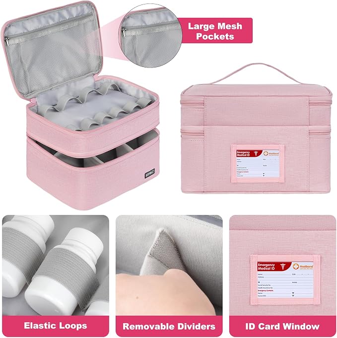 LEFOR·Z Medicine Bag,Double Layers Pill Bottle Organizer Travel Bag Empty | Medical Supplies Storage Bag with Lockable Zipper & Adjustable Divider,Medication Carrying Bag for Pills,Vitamins,Pink