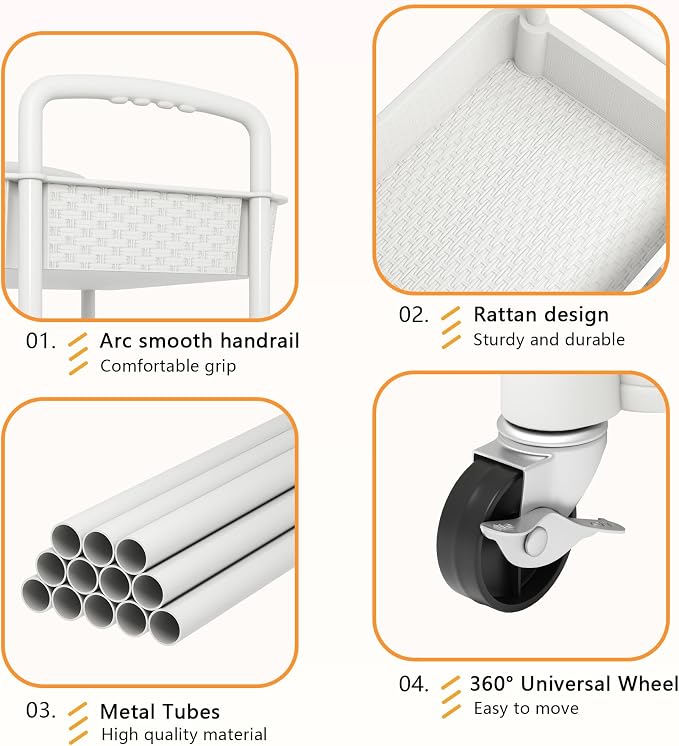 MOYIPIN 4-Tier Plastic Rolling Utility Cart with Handle,White | Utility Storage Cart for Office, Living Room, Kitchen,Movable Storage Organizer，Easy installation，Rattan-like art design