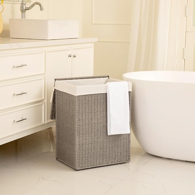 OIAHOMY Laundry Hamper with Lid, 90L(23.8 Gal) Large Wicker Laundry Basket for Bedroom, Handwoven Paper Rope Clothes Hamper with Washable Liner & Metal Frame, Decorative Organizer for Bathroom Grey