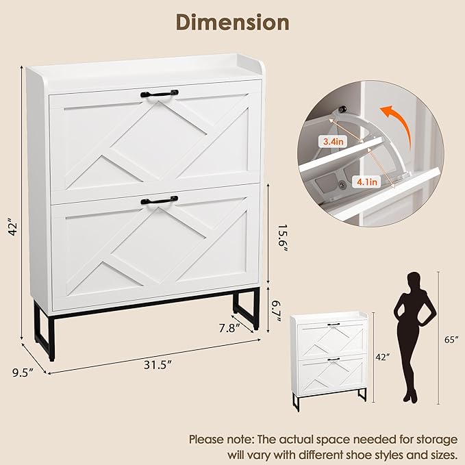 Shoe Storage Cabinet with 2 Flip Drawers, Entryway Cabinet, White | Slim Shoe Cabinet with Metal Legs, Narrow Farmhouse Shoe Organizer for Entryway, Foyer, Hallway, Wood Shoe Rack with Hook