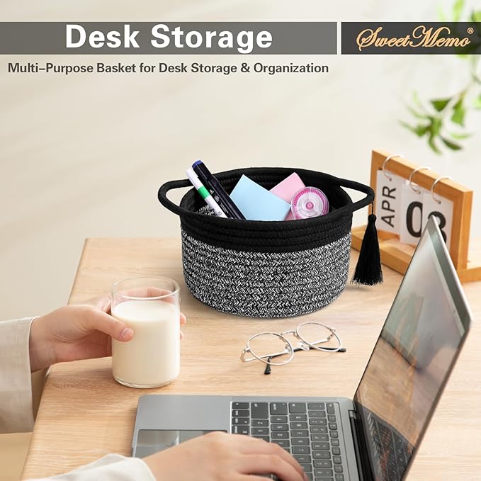 Small Gift Basket Empty to Fill, 2 Pack, Mini Woven Basket, Black Gray | Cute Decorative Mini Rope Storage Baskets with Cellophane Bags & Ribbons; Two Sizes for Gifting, Bathroom Counter or Desk