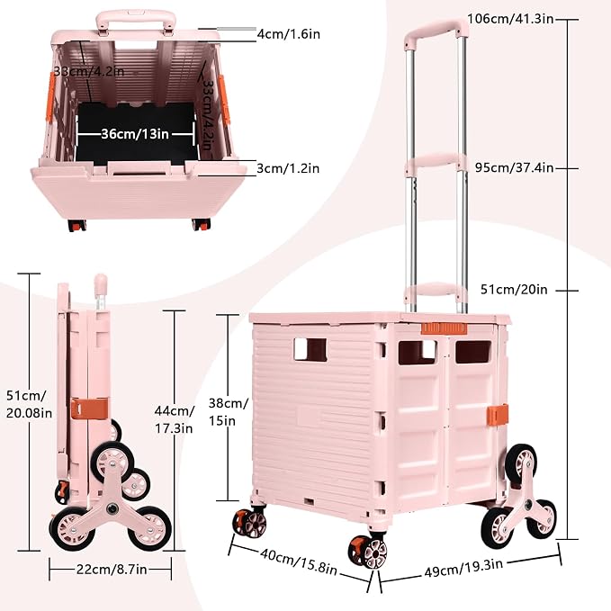 Foldable Utility Cart Portable Crate Rolling Dolly with Telescopic Handle,Can be Pulled diagonally, Magnetic Retractable Lid, 360°Swivel Climbing Wheels for Shopping Carrying Groceries Move Pink