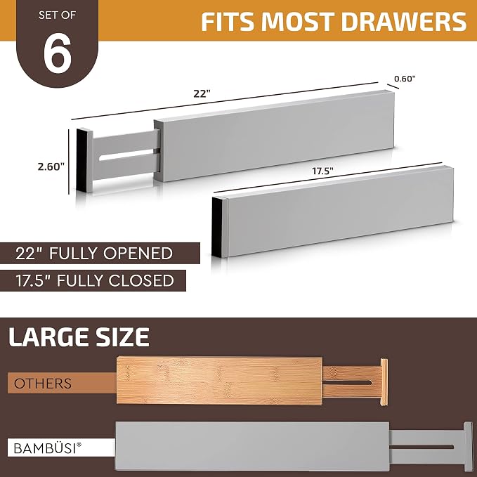 Bambüsi Bamboo Drawer Dividers 6 Pack - Deep Drawer Organizer, Adjustable 16 to 22 Inch Expandable Dividers, 2.6 Inch High Wood Separators for Kitchen, Clothes, Bedroom, Bathroom, Office - Grey | Bamboo, Spring Loaded, No Tools Needed, Fits Wide Drawer...