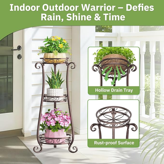 KMOTASUO 3 Tier Metal Plant Stand Tall for Indoor Outdoor Corner, Bronze | Heavy Duty Flower Holder Rack, Modern Vertical Iron Shelf for Patio Bathroom Office Garden