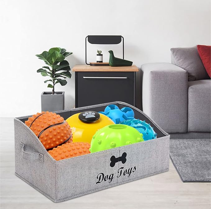 Morezi Linen-cotton blend dog toy basket and dog toy box, dog toy basket storage - Perfect for organizing pet toys, blankets, leashes, chew toys - Grey Stripe - Dog