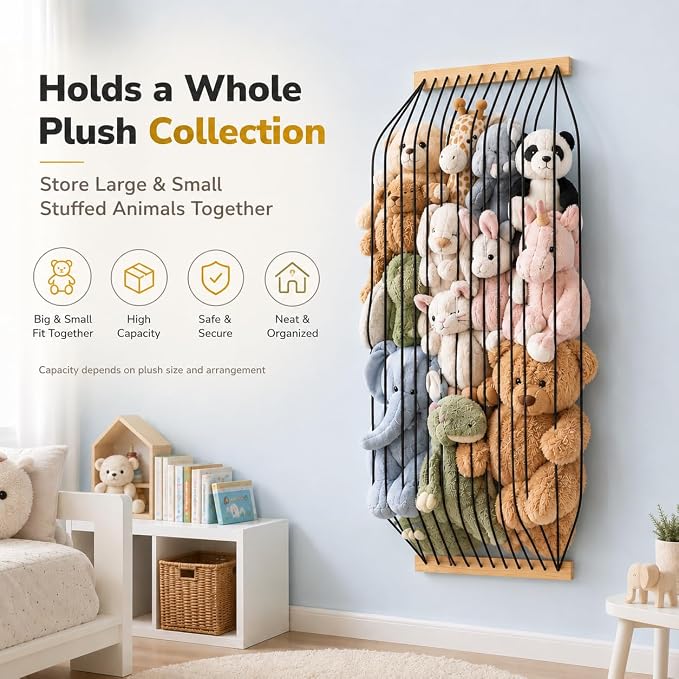 Stuffed Animal Storage Wood Soft Toy Organizer for Kids Room，Cute and Durable Wall or Door Mount Length Adjustable Hanging Stuffed Animal Toy Organizer Shelf for Nursery Play Room Black -Patent