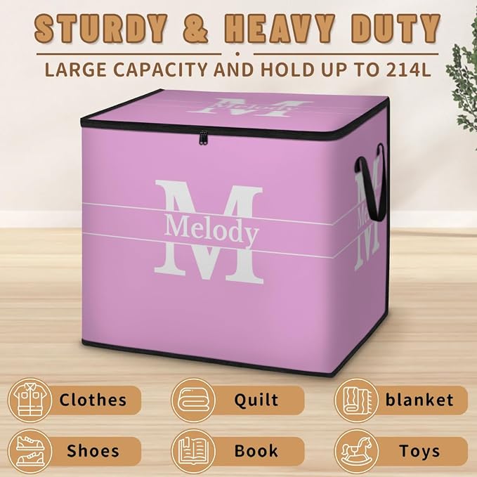 Personalized Name Large Storage Basket with Lid, Pink Canvas Storage Bins Quilt Clothes Organizer with Initial Letter for Bedroom, Kitchen, Bathroom, Nursery, Shelves, Closets
