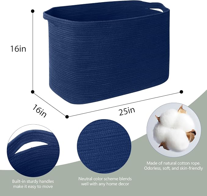 108L Extra Large Storage Basket, 25"x16"x16" Blue Blanket Basket Living Room, Oversized Cotton Rope Blanket Storage, XXXL Woven Kids Dog Toy Bin Box, Jumbo Laundry Shoes Towel Bin, Navy Blue