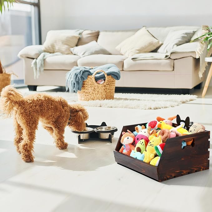 Briwooody Dog Toy Bin, 17.5 Inch Large Wooden Puppy Toy Storage Basket with Handle and Dog Head Tags Durable Pet Doll Box Puppy Stuff Organization Chest for Leash, Food, Accessories