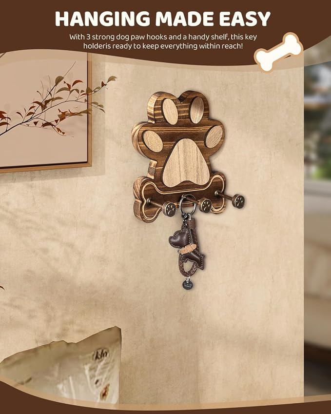 MTERSN Pine Wood Dog Leash Holder for Wall - Gift for Dog Lovers, Brown | 3D Dog Leash Hooks, Unique Dog Paw Shape Design, Ideal for Keys, Hats & Collars, 3 Wall Hooks, Key Holder for Cute Dog Stuff