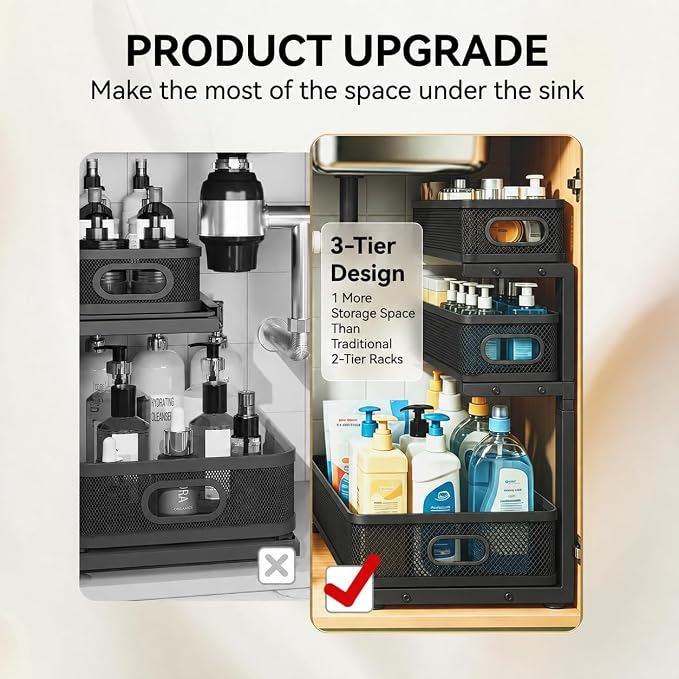 1 Pack 3 Tier Under Sink Organizer with Pull Out Drawer, Height Adjustable Heavy Duty Metal Under Cabinet Organizer, Smooth Sliding Storage Shelf for Kitchen, Bathroom Cabinet Organization, Black