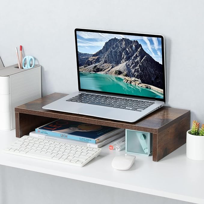 TEAMIX 20 inch Wood Monitor Stand Riser, Desktop Riser Shelf, Rustic Brown | Fits Laptop, Printer, TV, PC Tower, Full Keyboard Storage Underneath, Ergonomic, Desk Organizer for Home Office, Gaming Setup