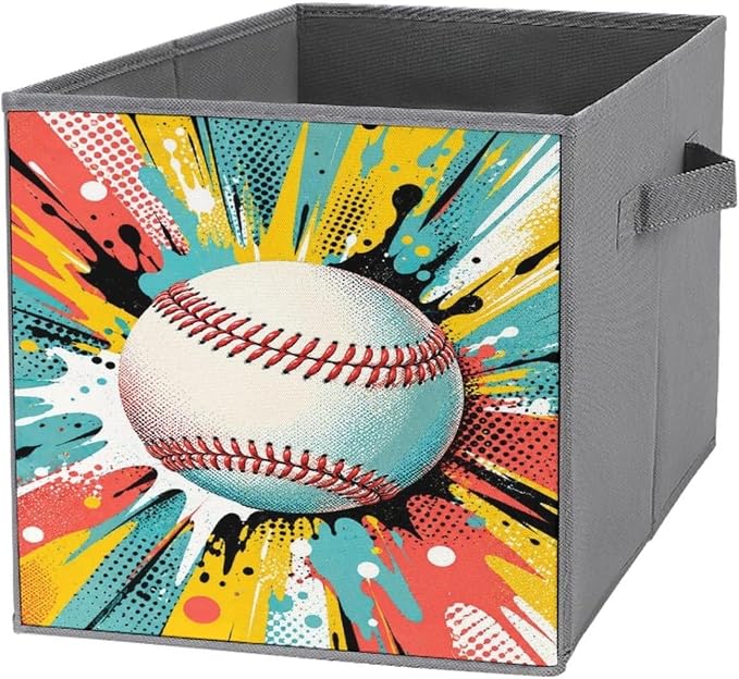 Baseball Pop Art Design Storage Bin with Handles, Oxford Fabric Foldable Storage Cube Organizer for Clothes, Towels, Bedroom, Living Room, Home Organization
