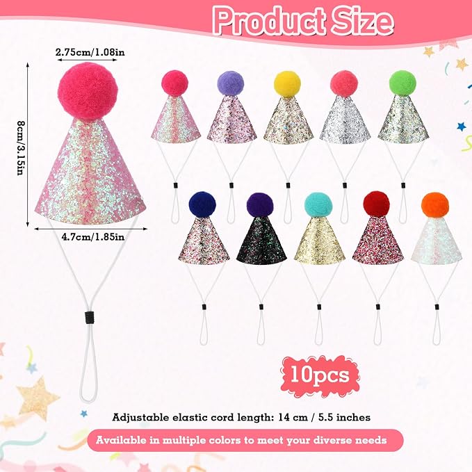 10 PCS Mini Birthday Party Hats, Mini Cone Hats with Glitter and Pom Poms for Kittens Puppies Birthday, Wedding, And Holiday Celebrations, Colorful Party Hats for Pets and Stuffed Animals
