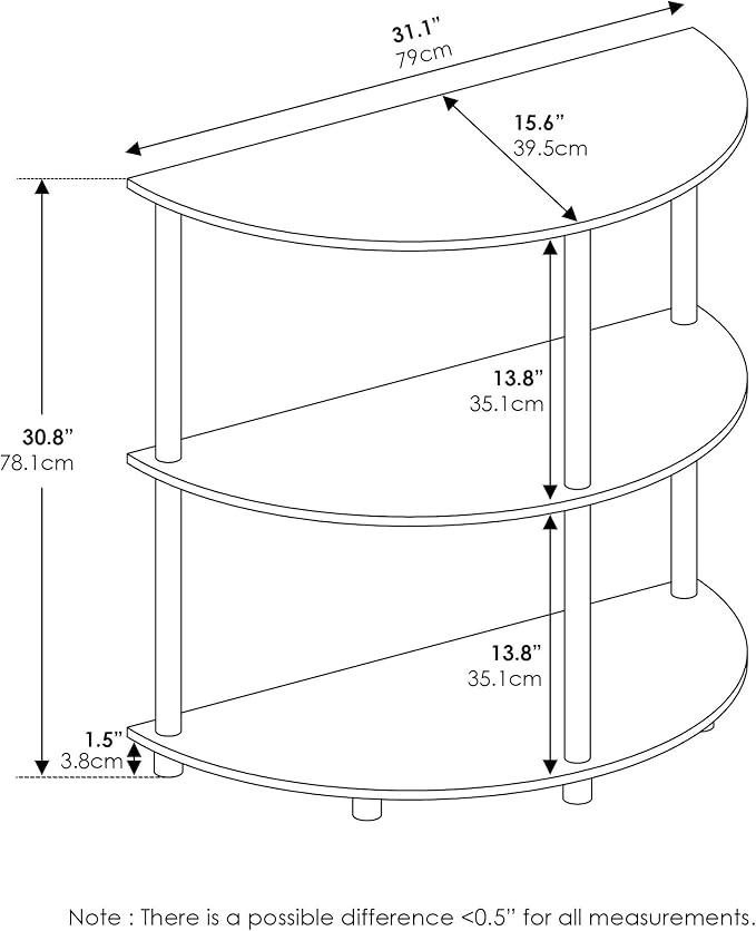 Furinno Frans Turn-N Half Round Console Table with Stainless Steel Tubes, Black Oak 15.6D x 31.1W x 30.8H in | Console Table with Storage Shelf, Narrow Sofa Side, Stainless Steel Tubes, for Living Room, Home Office, Entryway
