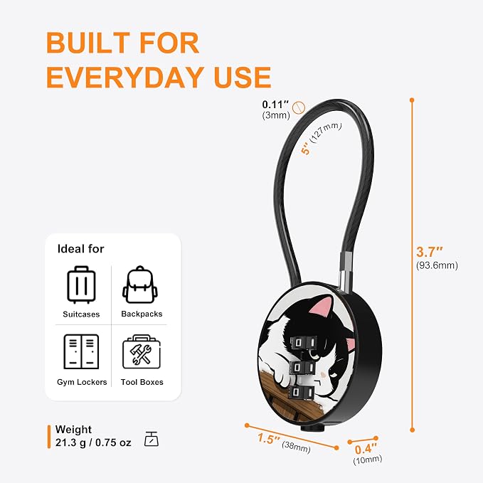 Small Combination Lock for Luggage, Gym Locker, Backpack Bag Zipper, Mini Combo Lock with Code, 5.12 Inch Steel Cable Padlock for Travel Suitcase (4-Cat&Rabbit, Cool)