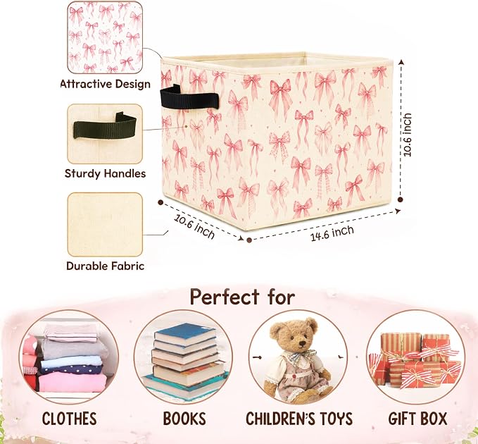 Pink Bow Storage Bin, Foldable Fabric Organizer | Soft pink bow storage bin for toys, books, clothes, blankets, nursery supplies, girls rooms, shelves, and closets.