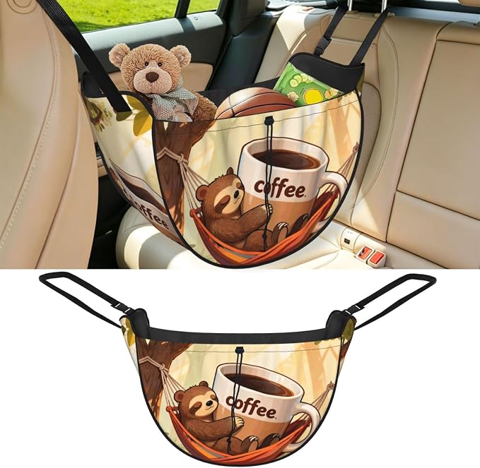 Bear drinking coffee Car Seat Organizer-Backseat Storage Bag for Travel | Waterproof Durable. Holds Snacks Gear Essentials. Fits Most Cars.