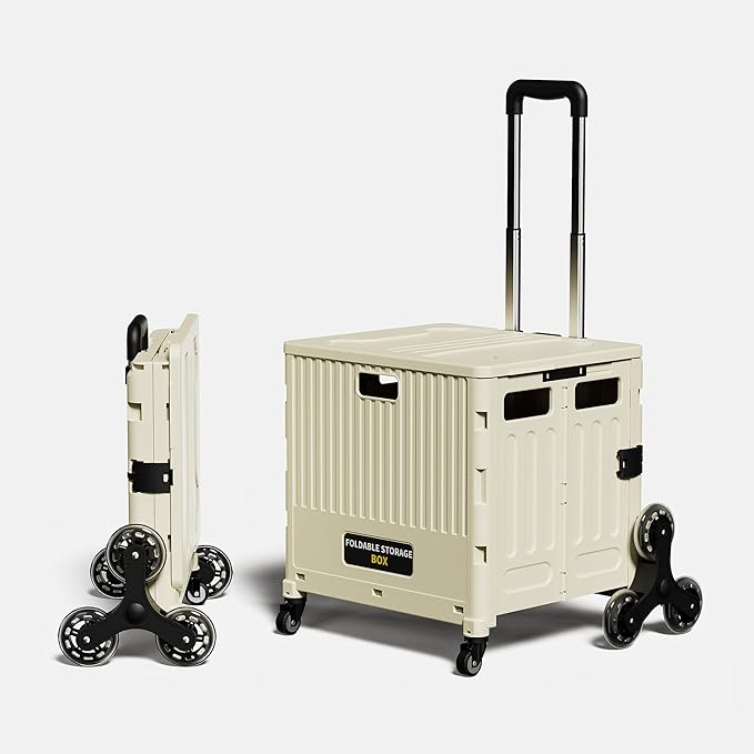 Rolling Crate, Collapsible Rolling Cart, Ultra-Slim Rolling Collapsible Storage Utility-carts, with Telescopic Handle, for Home, Garden, Shopping, Office, School use-Cream